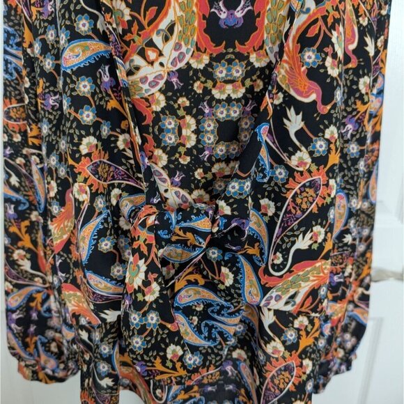 Belle & Sky Bird Paisley Blouse Womens Size Large Black Knotted Tie Front - Picture 6 of 14